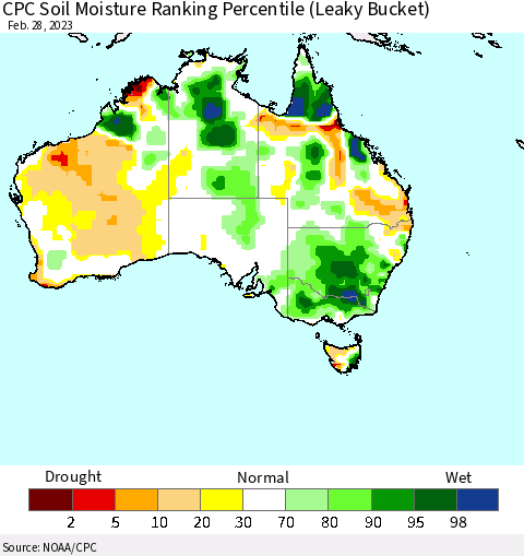 Australia CPC Soil Moisture Ranking Percentile (Leaky Bucket) Thematic Map For 2/26/2023 - 2/28/2023