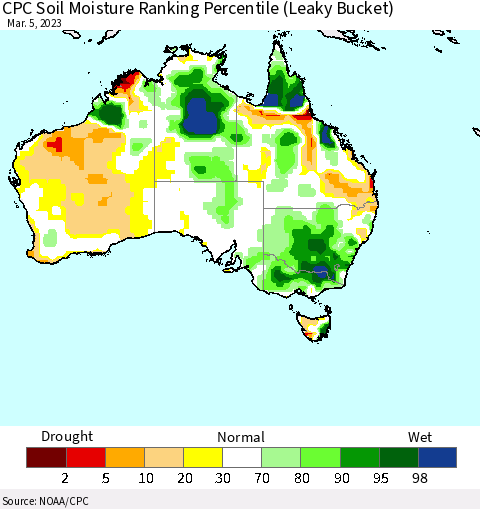 Australia CPC Soil Moisture Ranking Percentile (Leaky Bucket) Thematic Map For 3/1/2023 - 3/5/2023