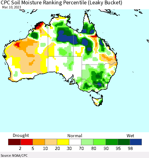 Australia CPC Soil Moisture Ranking Percentile (Leaky Bucket) Thematic Map For 3/6/2023 - 3/10/2023