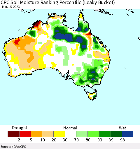 Australia CPC Soil Moisture Ranking Percentile (Leaky Bucket) Thematic Map For 3/11/2023 - 3/15/2023