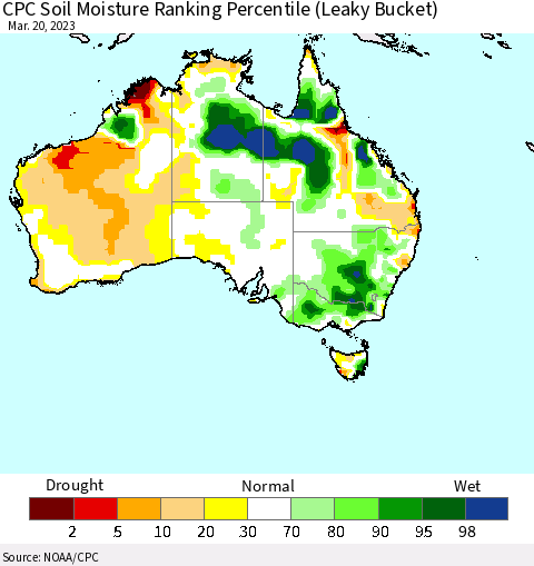 Australia CPC Soil Moisture Ranking Percentile (Leaky Bucket) Thematic Map For 3/16/2023 - 3/20/2023