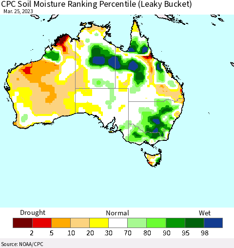 Australia CPC Soil Moisture Ranking Percentile (Leaky Bucket) Thematic Map For 3/21/2023 - 3/25/2023