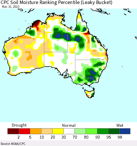 Australia CPC Soil Moisture Ranking Percentile (Leaky Bucket) Thematic Map For 3/26/2023 - 3/31/2023