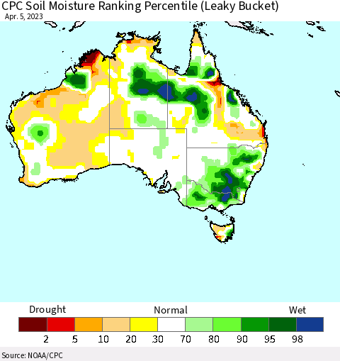 Australia CPC Soil Moisture Ranking Percentile (Leaky Bucket) Thematic Map For 4/1/2023 - 4/5/2023