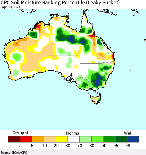 Australia CPC Soil Moisture Ranking Percentile (Leaky Bucket) Thematic Map For 4/6/2023 - 4/10/2023