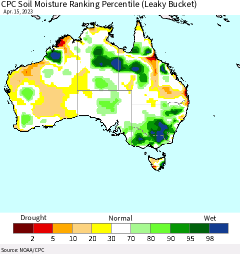 Australia CPC Soil Moisture Ranking Percentile (Leaky Bucket) Thematic Map For 4/11/2023 - 4/15/2023