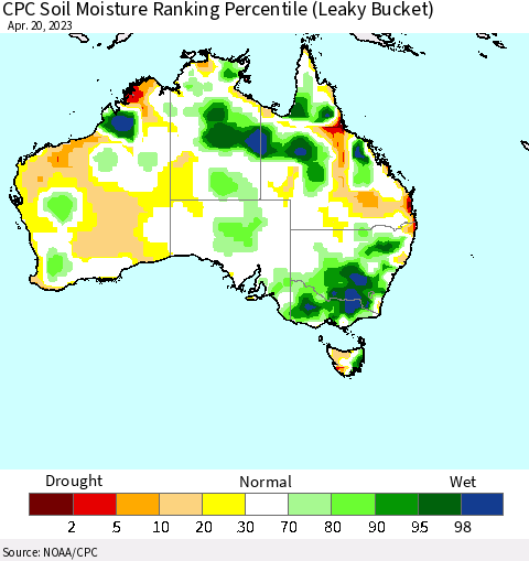 Australia CPC Soil Moisture Ranking Percentile (Leaky Bucket) Thematic Map For 4/16/2023 - 4/20/2023
