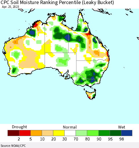 Australia CPC Soil Moisture Ranking Percentile (Leaky Bucket) Thematic Map For 4/21/2023 - 4/25/2023