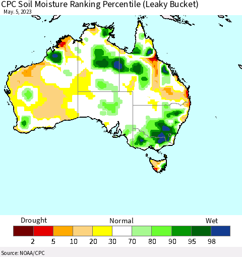 Australia CPC Soil Moisture Ranking Percentile (Leaky Bucket) Thematic Map For 5/1/2023 - 5/5/2023