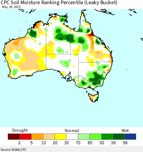 Australia CPC Soil Moisture Ranking Percentile (Leaky Bucket) Thematic Map For 5/16/2023 - 5/20/2023