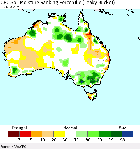 Australia CPC Soil Moisture Ranking Percentile (Leaky Bucket) Thematic Map For 6/6/2023 - 6/10/2023