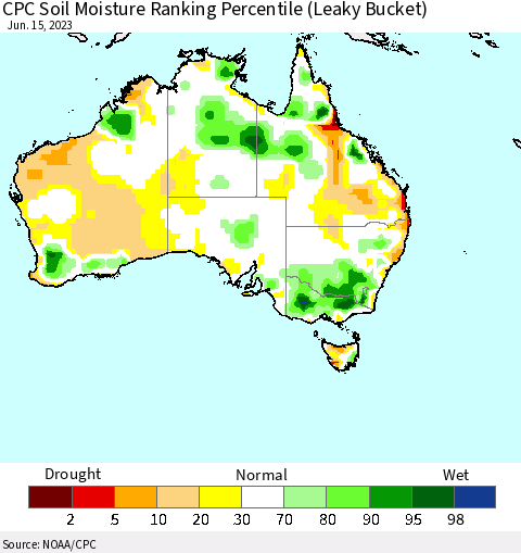 Australia CPC Soil Moisture Ranking Percentile (Leaky Bucket) Thematic Map For 6/11/2023 - 6/15/2023