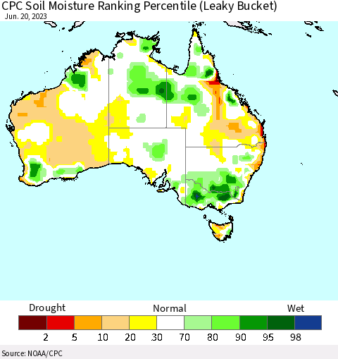 Australia CPC Soil Moisture Ranking Percentile (Leaky Bucket) Thematic Map For 6/16/2023 - 6/20/2023