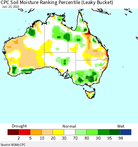 Australia CPC Soil Moisture Ranking Percentile (Leaky Bucket) Thematic Map For 6/21/2023 - 6/25/2023