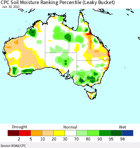Australia CPC Soil Moisture Ranking Percentile (Leaky Bucket) Thematic Map For 6/26/2023 - 6/30/2023