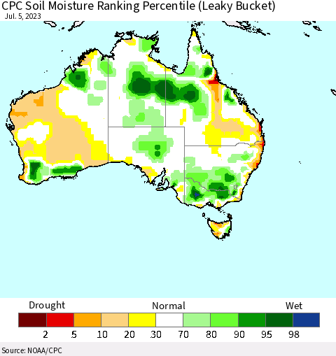 Australia CPC Soil Moisture Ranking Percentile (Leaky Bucket) Thematic Map For 7/1/2023 - 7/5/2023