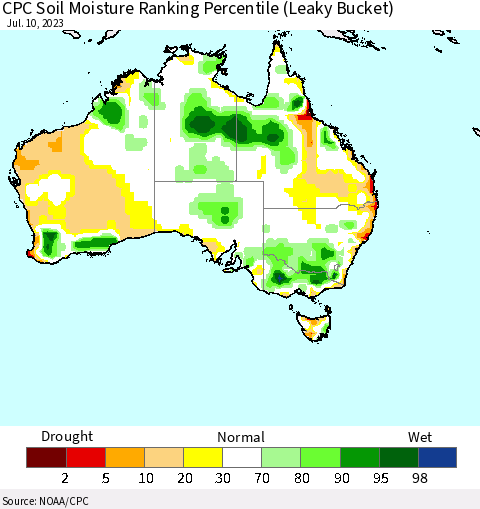 Australia CPC Soil Moisture Ranking Percentile (Leaky Bucket) Thematic Map For 7/6/2023 - 7/10/2023