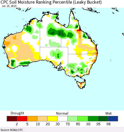 Australia CPC Soil Moisture Ranking Percentile (Leaky Bucket) Thematic Map For 7/21/2023 - 7/25/2023