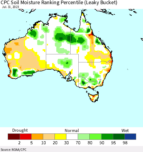 Australia CPC Soil Moisture Ranking Percentile (Leaky Bucket) Thematic Map For 7/26/2023 - 7/31/2023