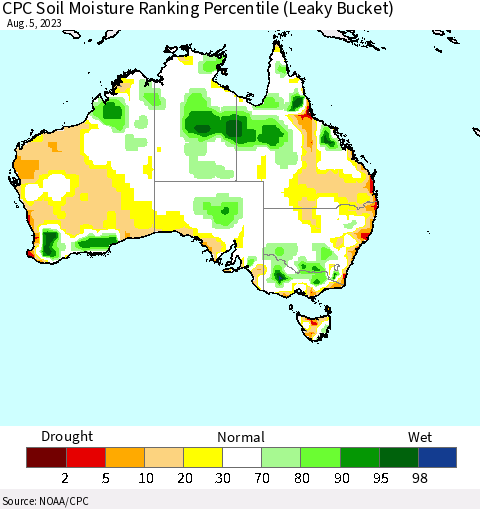 Australia CPC Soil Moisture Ranking Percentile (Leaky Bucket) Thematic Map For 8/1/2023 - 8/5/2023