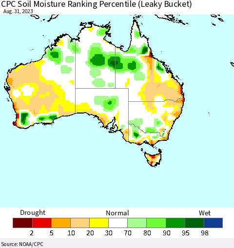 Australia CPC Soil Moisture Ranking Percentile (Leaky Bucket) Thematic Map For 8/26/2023 - 8/31/2023