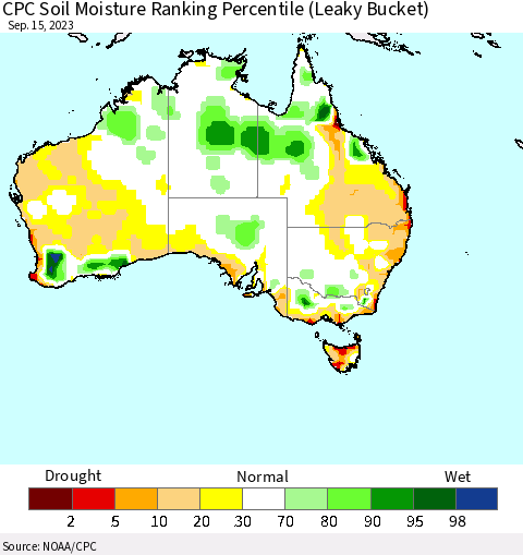 Australia CPC Soil Moisture Ranking Percentile (Leaky Bucket) Thematic Map For 9/11/2023 - 9/15/2023