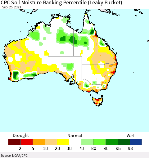 Australia CPC Soil Moisture Ranking Percentile (Leaky Bucket) Thematic Map For 9/21/2023 - 9/25/2023