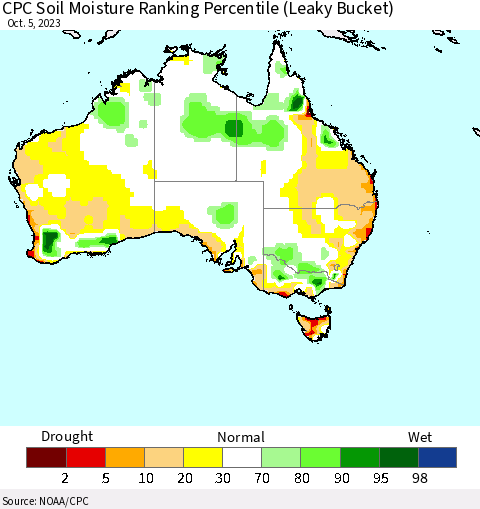 Australia CPC Soil Moisture Ranking Percentile (Leaky Bucket) Thematic Map For 10/1/2023 - 10/5/2023