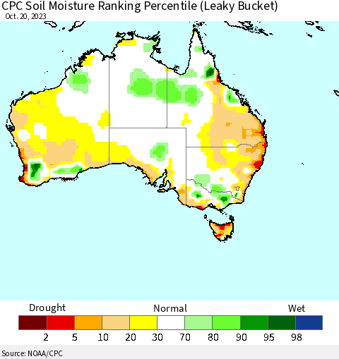 Australia CPC Soil Moisture Ranking Percentile (Leaky Bucket) Thematic Map For 10/16/2023 - 10/20/2023