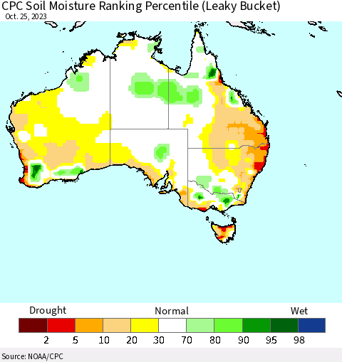 Australia CPC Soil Moisture Ranking Percentile (Leaky Bucket) Thematic Map For 10/21/2023 - 10/25/2023