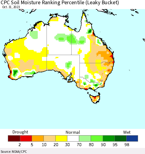 Australia CPC Soil Moisture Ranking Percentile (Leaky Bucket) Thematic Map For 10/26/2023 - 10/31/2023