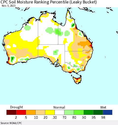 Australia CPC Soil Moisture Ranking Percentile (Leaky Bucket) Thematic Map For 11/1/2023 - 11/5/2023