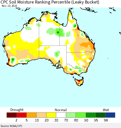 Australia CPC Soil Moisture Ranking Percentile (Leaky Bucket) Thematic Map For 11/6/2023 - 11/10/2023