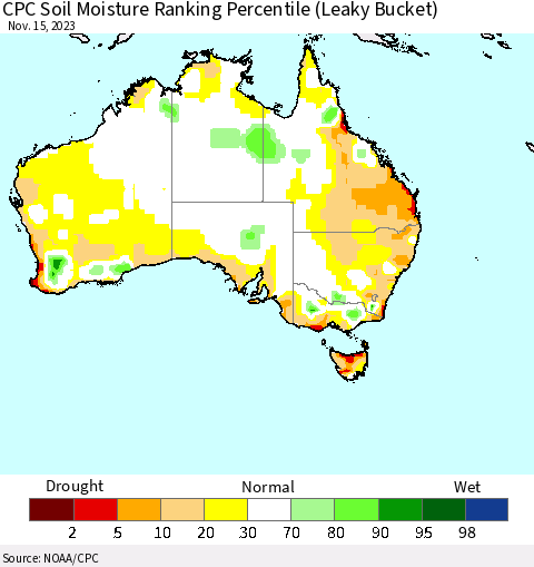 Australia CPC Soil Moisture Ranking Percentile (Leaky Bucket) Thematic Map For 11/11/2023 - 11/15/2023