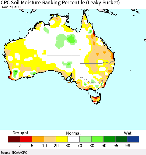 Australia CPC Soil Moisture Ranking Percentile (Leaky Bucket) Thematic Map For 11/16/2023 - 11/20/2023