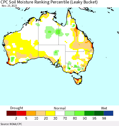 Australia CPC Soil Moisture Ranking Percentile (Leaky Bucket) Thematic Map For 11/21/2023 - 11/25/2023