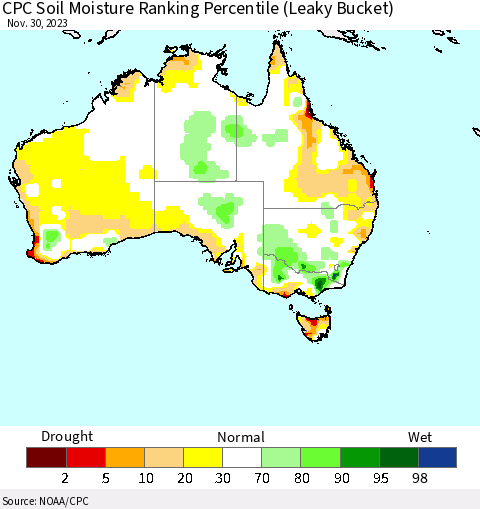 Australia CPC Soil Moisture Ranking Percentile (Leaky Bucket) Thematic Map For 11/26/2023 - 11/30/2023
