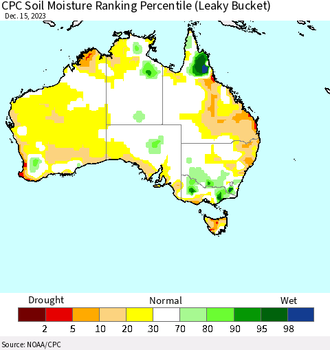 Australia CPC Soil Moisture Ranking Percentile (Leaky Bucket) Thematic Map For 12/11/2023 - 12/15/2023