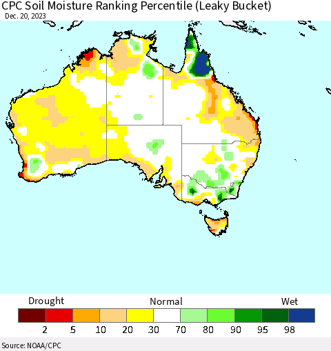 Australia CPC Soil Moisture Ranking Percentile (Leaky Bucket) Thematic Map For 12/16/2023 - 12/20/2023
