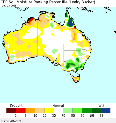 Australia CPC Soil Moisture Ranking Percentile (Leaky Bucket) Thematic Map For 12/21/2023 - 12/25/2023