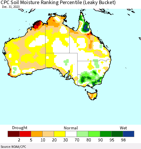Australia CPC Soil Moisture Ranking Percentile (Leaky Bucket) Thematic Map For 12/26/2023 - 12/31/2023