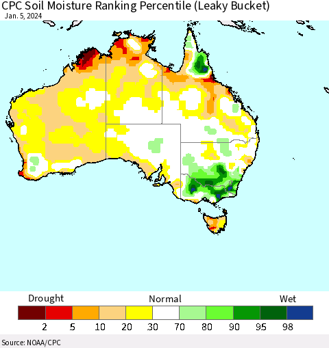 Australia CPC Soil Moisture Ranking Percentile (Leaky Bucket) Thematic Map For 1/1/2024 - 1/5/2024