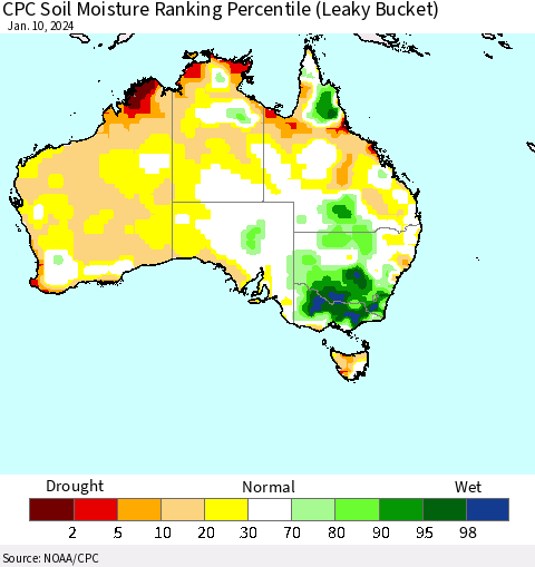 Australia CPC Soil Moisture Ranking Percentile (Leaky Bucket) Thematic Map For 1/6/2024 - 1/10/2024
