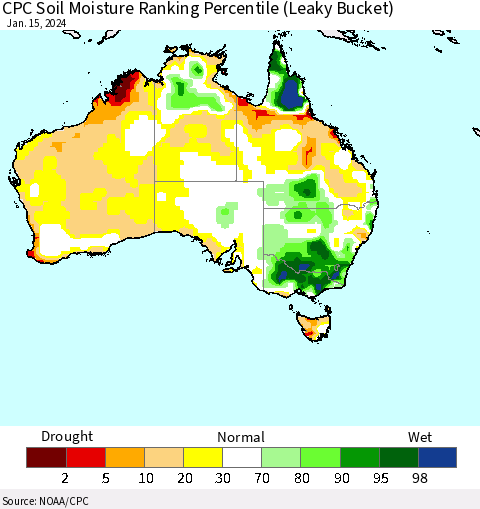 Australia CPC Soil Moisture Ranking Percentile (Leaky Bucket) Thematic Map For 1/11/2024 - 1/15/2024