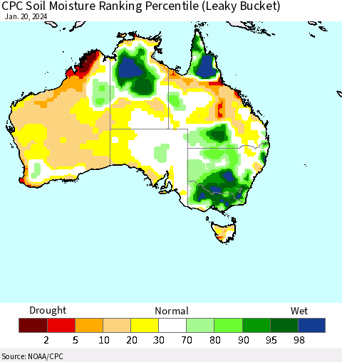 Australia CPC Soil Moisture Ranking Percentile (Leaky Bucket) Thematic Map For 1/16/2024 - 1/20/2024