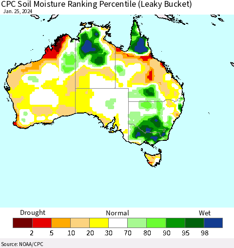 Australia CPC Soil Moisture Ranking Percentile (Leaky Bucket) Thematic Map For 1/21/2024 - 1/25/2024