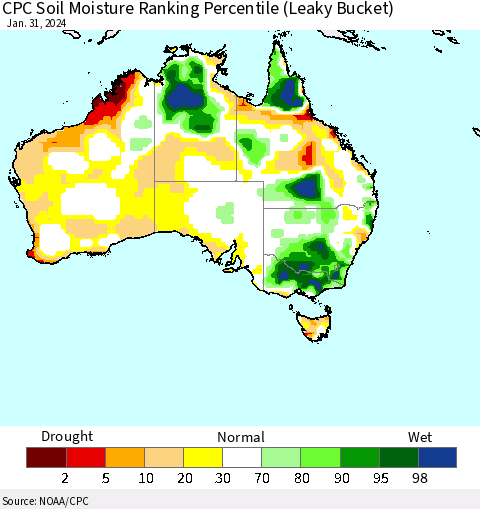 Australia CPC Soil Moisture Ranking Percentile (Leaky Bucket) Thematic Map For 1/26/2024 - 1/31/2024