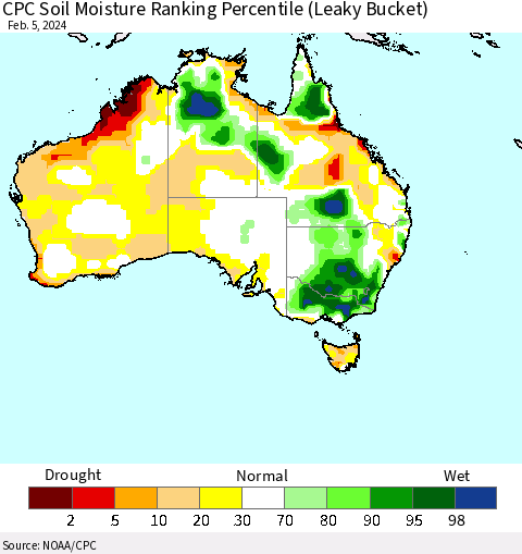 Australia CPC Soil Moisture Ranking Percentile (Leaky Bucket) Thematic Map For 2/1/2024 - 2/5/2024
