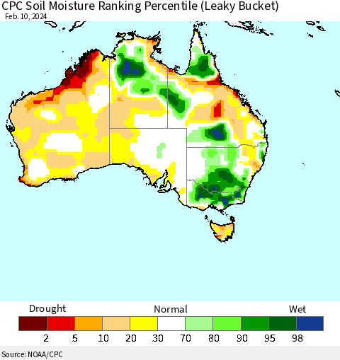 Australia CPC Soil Moisture Ranking Percentile (Leaky Bucket) Thematic Map For 2/6/2024 - 2/10/2024