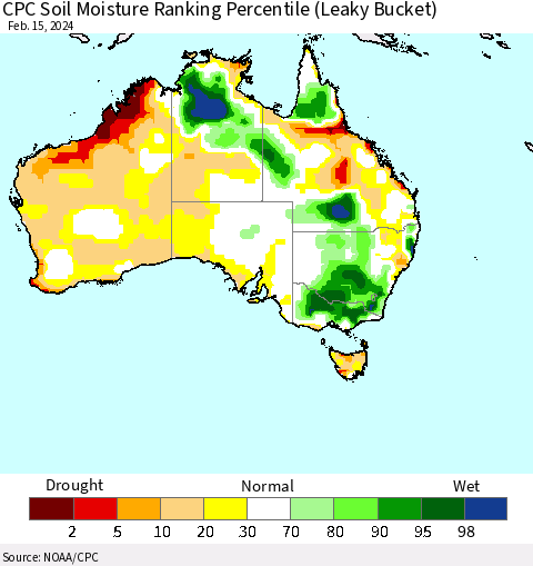Australia CPC Soil Moisture Ranking Percentile (Leaky Bucket) Thematic Map For 2/11/2024 - 2/15/2024